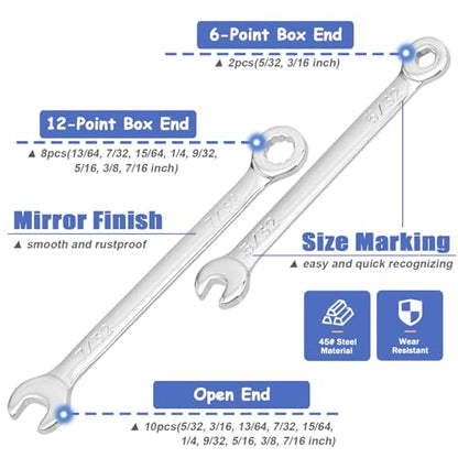 Mesee Small Wrench Set, 10 Pieces SAE Open End and Box End Combination Wrenches 5/32"-7/16" Mini Ignition Wrench Ratchet Spanner Repair Tools for Automotive Industry Electronics Mechanic Home