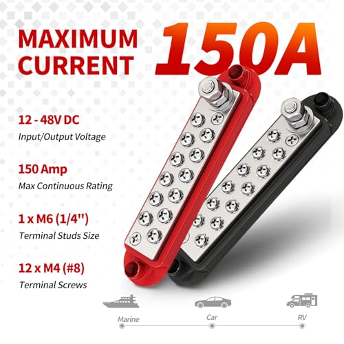 Marine Bus Bar 150A 1/4" Studs 12V Power Distribution Block with Cover, 12 Volt DC Copper Battery Busbar for Boat Automotive Solar Wiring (Positive & Ground)