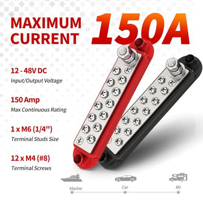 Marine Bus Bar 150A 1/4" Studs 12V Power Distribution Block with Cover, 12 Volt DC Copper Battery Busbar for Boat Automotive Solar Wiring (Positive & Ground)