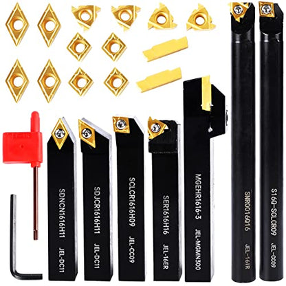 Carbide Lathe Tools -Lath Threading Bit Set 21pcs - 7pcs 5/8" Turning Holder Boring Bars & 14pcs Indexable Carbide Inserts Golden CCMT09T304 DCMT11T304 16IR A60 16ER AG60 MGMN30 - color: 7pcs 5/8" Shank holders+14pcs inserts