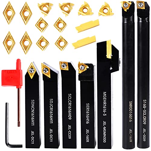 Carbide Lathe Tools -Lath Threading Bit Set 21pcs - 7pcs 5/8" Turning Holder Boring Bars & 14pcs Indexable Carbide Inserts Golden CCMT09T304 DCMT11T304 16IR A60 16ER AG60 MGMN30 - color: 7pcs 5/8" Shank holders+14pcs inserts