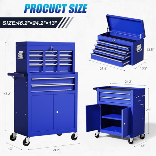 10-Drawer Rolling Tool Chest with wheels, Lockable 2-in-1 Tool Box