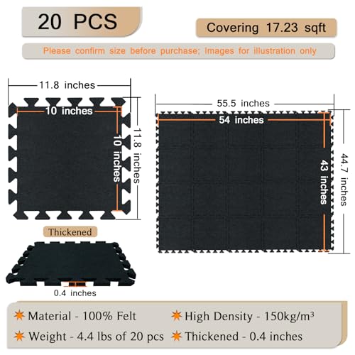 TroyStudio Thick Sound Absorbing Interlocking Floor Mats, 20 Pcs 11x 11 x 0.4 inches High Density Piano Carpet Drum Rug, Non-Slip Anti Vibration Soundproof Pads Acoustic Blankets for Music Studio - color: Black, 20 Pcs, size: 0.4" Thickness