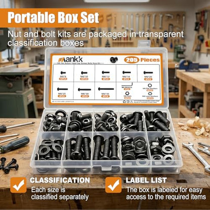 mankk 204PCS M6 Screws Kit M6 x 8/10/12/16/20/25/30/35mm Hex Socket Head Cap Bolts Nuts & Washers Assortment Kit 12.9 Grade Alloy Steel Machine Screws - size: M6