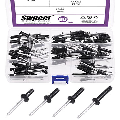 Swpeet 80Pcs 3/16" x 9/16" / 3/4" / 13/16" / 1" Aluminum Long Grip Tri-Grip Rivets Tri-Fold Tri Bulb Mounting Rivet Blind Rivets Assortment Kit, Tri-Grip Rivet Perfect for Deep Water Installing Boat