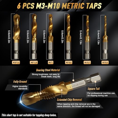 35 PCS Drill Bits Set, 3 Step Drill Bits, 13 Twist Drill Bits, 6 Taps(M3-M10) and 6 Screw Extractors, High Speed Steel Drill Bit Kit Titanium Coated Bits for Plastic Wood Metal, with Storage Bag