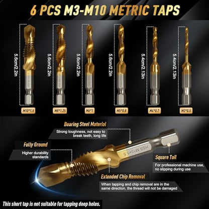 35 PCS Drill Bits Set, 3 Step Drill Bits, 13 Twist Drill Bits, 6 Taps(M3-M10) and 6 Screw Extractors, High Speed Steel Drill Bit Kit Titanium Coated Bits for Plastic Wood Metal, with Storage Bag