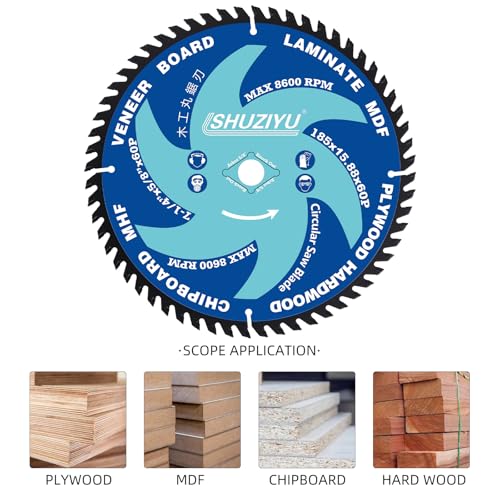 7-1/4”(185MM)-60T, Arbor 5/8"-Diamond, Smooth Cut Coasting. Circular Saw Blade, FRAMING&Ripping, for Laminate, Veneer Board, Plywood, Hard Wood, MDF and HDF Cutting - size: 7-1/4"(185mm) 60T