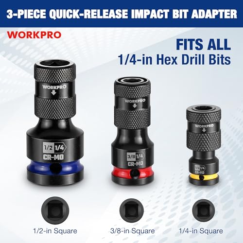 WORKPRO 3-Piece 1/4", 3/8", 1/2" Drive Socket Adapter Set, CR-MO - size: 1/4 inch, 3/8 inch, 1/2 inch