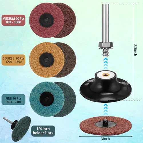 Landical 60 Pcs 3 Inch Lock Sanding Discs Surface Conditioning Disc with 1/4" Holder for Die Grinder Surface Polish Burr Rust Paint Removal(Multicolor,Medium, Course,fine Grit)