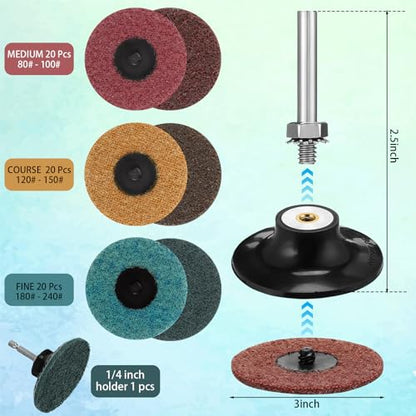 Landical 60 Pcs 3 Inch Lock Sanding Discs Surface Conditioning Disc with 1/4" Holder for Die Grinder Surface Polish Burr Rust Paint Removal(Multicolor,Medium, Course,fine Grit)