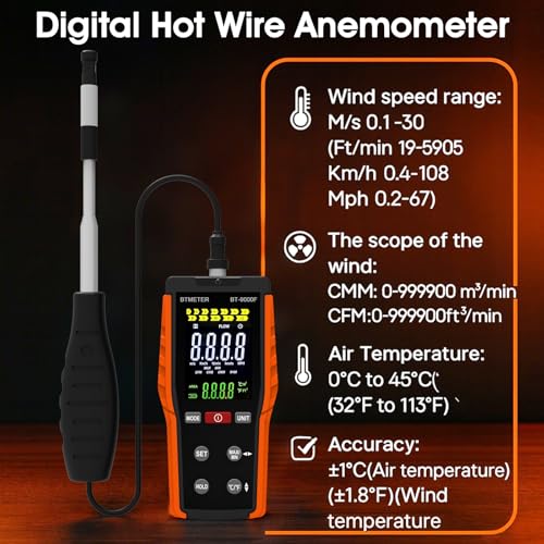 BTMETER BT-9000F Hot Wire Anemometer CFM Handheld Wind Speed Meter Gauges - color: Orange