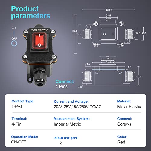 Waterproof On Off Toggle Switch Double Outlet with Red Light Rocker Button Inline Cord Switch DPST AC/DC 20A-125V,16A-250V,30A-24V,35A-12V, IP66 - color: Red/1 Switch/2 Outlet