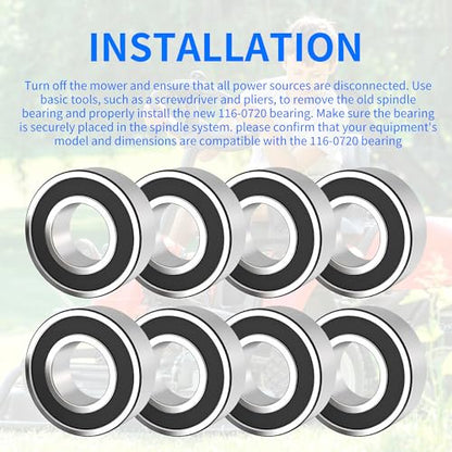 8-Pack 116-0720 Spindle Bearings, Ball Bearings, Compatible with 104-6325, 251-257, 104-3096, 251-339, 251-342, 251-82, 99-7162, High-Temperature Grease Bearings
