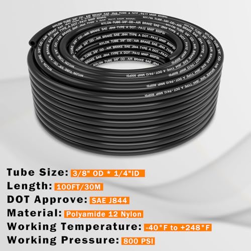 CheeMuii 100FT 3/8" DOT Air Line 3/8 Air Hose PA12 Nylon Pneumatic Tubing - color: Black, size: 3/8"OD-100FT