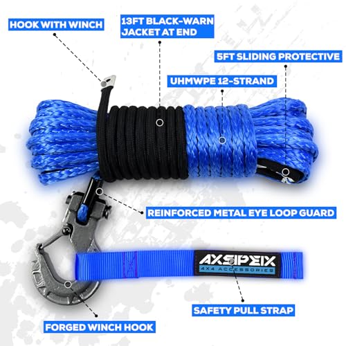 Synthetic Winch Rope Kit, 1/4" x 50ft 10000LBS Blue Winch Cable with Protective Sleeve, Forged Winch Hook, Rubber Stopper and Safety Pull Strap for ATV UTV - color: 1/4"x50ft(Blue)-10000lbs