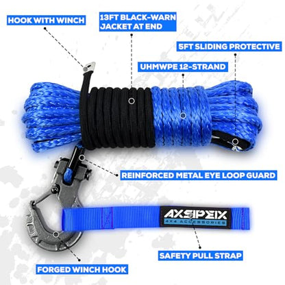 Synthetic Winch Rope Kit, 1/4" x 50ft 10000LBS Blue Winch Cable with Protective Sleeve, Forged Winch Hook, Rubber Stopper and Safety Pull Strap for ATV UTV - color: 1/4"x50ft(Blue)-10000lbs