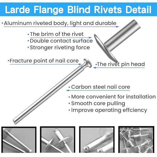 LAZIRO Large Flange Pop Rivets 3/16" Aluminum Body Steel Mandrel Large Dome Head 6-8 Gap .Large Self-Plugging Open End Decorating Fastener Nails Pop Rivets (Silver) (3/16"X1") - size: 3/16"X1"