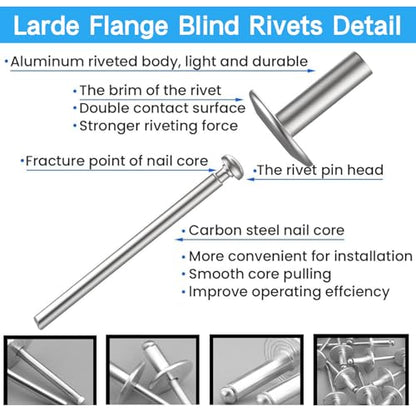 LAZIRO Large Flange Pop Rivets 3/16" Aluminum Body Steel Mandrel Large Dome Head 6-8 Gap .Large Self-Plugging Open End Decorating Fastener Nails Pop Rivets (Silver) (3/16"X3/4") - size: 3/16"X3/4"