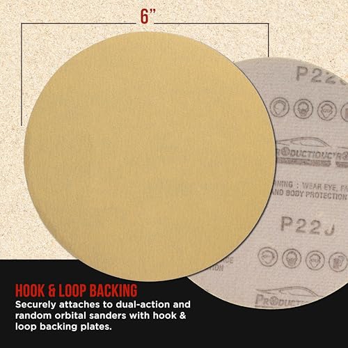 ProductionShop Premium 220 Grit 6" Gold Sanding Discs, Box of 100 - Hook & Loop Backing Abrasive Sandpaper for DA & Random Orbital Sanders - Sand Automotive Paint, Metal, Wood, Woodworking Furniture - style: 220 Grit