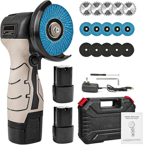 Cordless Brush Angle Grinder Kit, 7000RPM Mini Electric Angle Grinding Tool with 2pcs 16.8V 2000mAh Batteries and 20-Cutting Discs, Power Angle Grinder for Wood Metal Stone Concrete