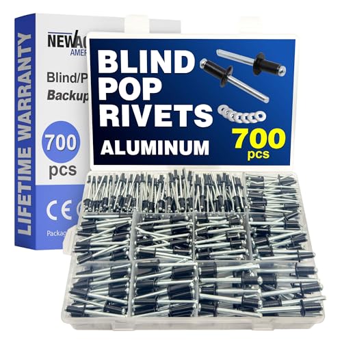 New Age America® 700pcs Blind Pop Rivets & Backup Washers | 3/32" to 1/4" | Black | 14 Sizes | SAE Size Aluminum Rivets & 304 Stainless Steel Backup Washers | Rivet Kit w Steel Mandrel | Labelled Case - color: Black, size: 700 PCS Rivets & Washers