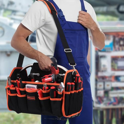 Kowsinde 16 Inch Tool Bag, Electrician Tool Bag, Open Top Tool Bags, 26 Pockets Can Hold Many Tools, Steel Handle and Removable Shoulder Strap - color: Orange