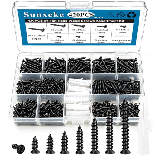 #4 Small Wood Screws Assortment Kit 420PCS, Black Short Phillips Flat Head Self Tapping Cabinet Hinge Screws, Hardened Carbon Steel Tiny Micro Mini Screws with 20Pcs M6 Wall Anchors - size: 420pcs-9 SIZES