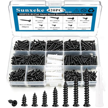 #4 Small Wood Screws Assortment Kit 420PCS, Black Short Phillips Flat Head Self Tapping Cabinet Hinge Screws, Hardened Carbon Steel Tiny Micro Mini Screws with 20Pcs M6 Wall Anchors - size: 420pcs-9 SIZES