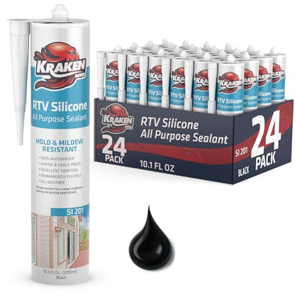 Kraken Bond RTV Silicone Sealant Black (24 x 10.1 fl.oz.)%100 Waterproof Silicone Caulk Kitchen and Bathroom, All Purpose, Window Caulking Sealant Outdoor, RV, 24 Pack - size: 24 Pack