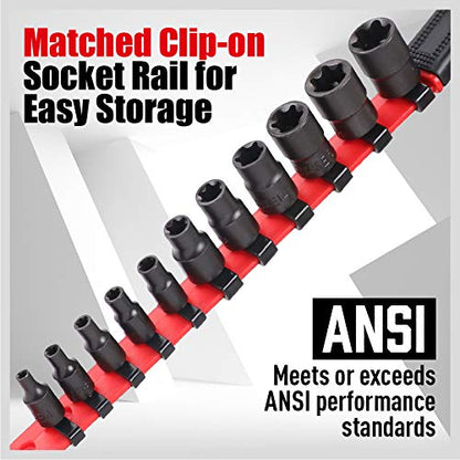 SEDY 11-Piece E-Torx Socket Set - Star Sockets Set with Socket Rail, External Torx Socket with Organizer, External Socket-Set, E4 E5 E6 E7 E8 E10 E12 E14 E16 E18 E20 Reverse Sockets Set - style: 11-Piece E-Torx - (E4-E20)