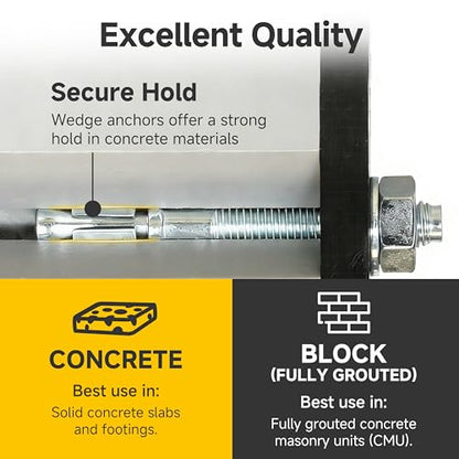 Mywish (50-Pack) 3/8" x 3-3/4" 304 Stainless Steel Wedge Anchors for Concrete and Cement, Plain Finish Heavy-Duty 3/8" Stainless Steel Masonry Anchors Bolts for Outdoor - size: 3/8 x 3-3/4"