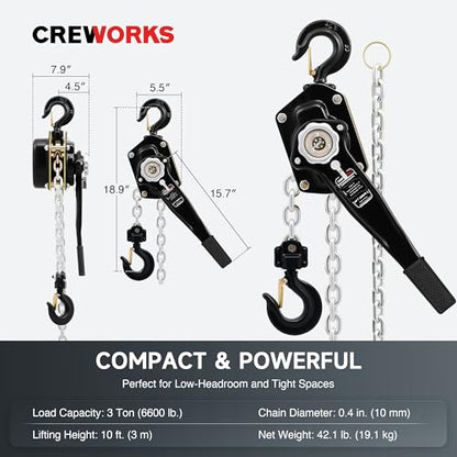 CREWORKS Lever Chain Hoist, 3 Ton 6600 lb Capacity 10 ft Manual Chain Hoist with G80 Galvanized Chain & Swivel Hooks, Heavy Duty Manual Lever Hoist for Construction Warehouse Automotive Factory - style: Lever hoist, 3 Ton, 10FT