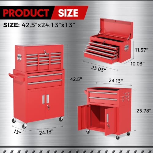 INTERGREAT 8 Rolling Drawers Tool Chest, Assembled Tool Chest with Wheels, Detachable Top Tool Box, Tool Cabinet for Repair Room,Warehouse, Rolling Tool Box with Hooks,Tray Divider,Red - color: Red, size: 8 Drawers
