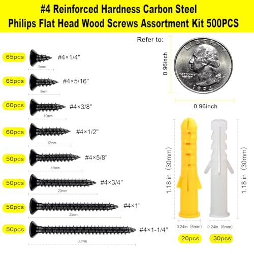 #4 Flat Head Phillips Wood Screws 500Pcs, Black Carbon Steel Assortment Kit - color: Black, size: #4-500pcs