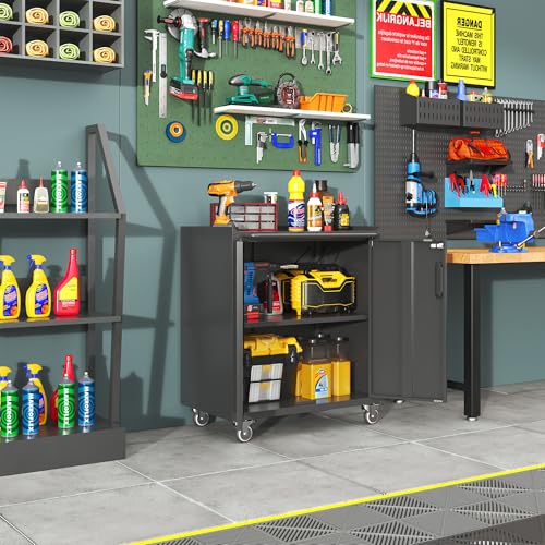 Metal Garage Tool Cabinet with 2 Lockable Doors & Wheels,Black - color: Black, style: 2 doors with wheels