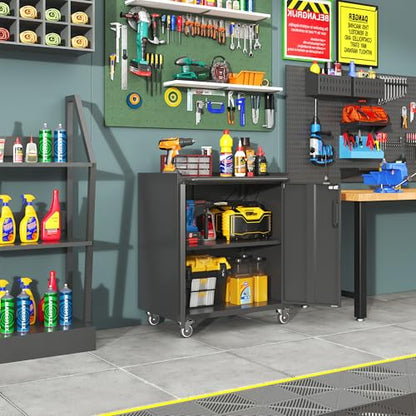 Metal Garage Tool Cabinet with 2 Lockable Doors & Wheels,Black - color: Black, style: 2 doors with wheels