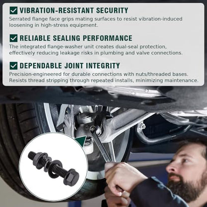 12-Sets 5/16-18 x 1-1/2" Hex Flange Bolts & Flange Nuts Combo Kit with Flat and Lock Washers- 304 Stainless Steel 18/8, Black Coated, for Heavy Duty Applications - size: 5/16-18 x 1-1/2"