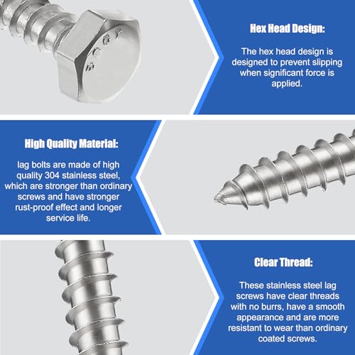 Zonon 100 Pcs 1/4" X 1" 304 Stainless Steel Lag Screw for Wood, Silver - color: Silver, size: 1/4" X 1"