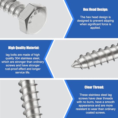Zonon 100 Pcs 1/4" X 1" 304 Stainless Steel Lag Screw for Wood, Silver - color: Silver, size: 1/4" X 1"