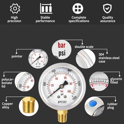 0-1500 Psi Glycerin Liquid Filled Hydraulic Pressure Gauge, 2.5" Dial Size, 1/4" NPT Lower Mount, 304 Stainless Steel Case, for Water Oil Air Gas Pressure Test - size: 0-1500 psi, style: Lower Mount