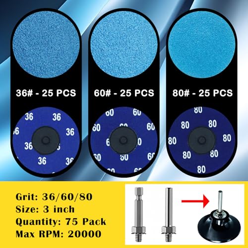 75Pcs 3 inch Quick Change Disc Set, Zirconia Sanding Disc with 1/4" Holder Compatible with Die Grinder Surface Prep Strip Polish Finish Burr Rust Paint Removal - style: 3" Zirconia Sanding Disc