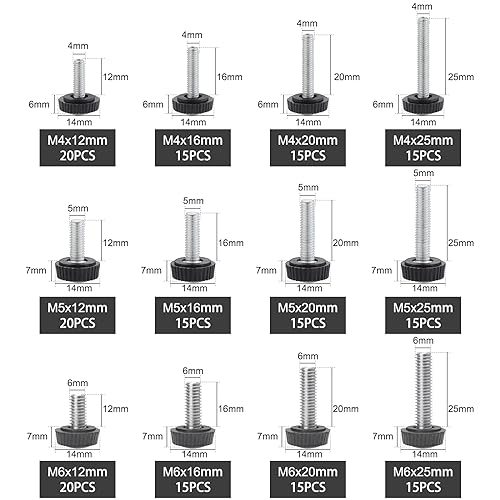 195PCS 12 Size Thumb Screws Carbon Threaded Knurled Knob Mounting Screw Grip Knobs Handle Bolts Round Clamping Screws Hose Clips for Kinds of Stand and Machine(M4、M5、M6) - size: M4/M5/M6