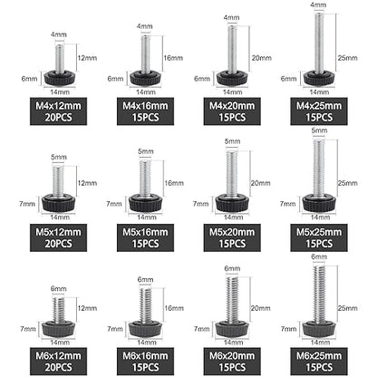 195PCS 12 Size Thumb Screws Carbon Threaded Knurled Knob Mounting Screw Grip Knobs Handle Bolts Round Clamping Screws Hose Clips for Kinds of Stand and Machine(M4、M5、M6) - size: M4/M5/M6