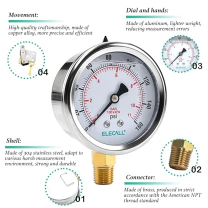 160psi Silicone Oil Pressure Gauge for Water Oil Air Pressure Test in Water Pump, Tire, Large Air Compressor, Well Pump, RV Regulator, 2-1/2" Stainless Steel Case, Lower Mount 1/4" NPT - size: 0-160 Psi, style: Lower Mount