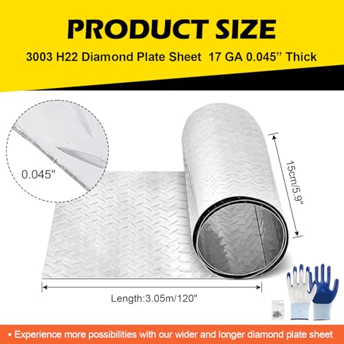 Diamond Plate Aluminum Sheet – 3003 H22, 17GA 0.045" Thick, Heavy-Duty Aluminum Sheet Metal 6" x 120", Rust-Resistant Metal Panel for Kitchen, Bathroom, Walk-in Refrigerators, Trailers & DIY Projects - size: 6" x 120"