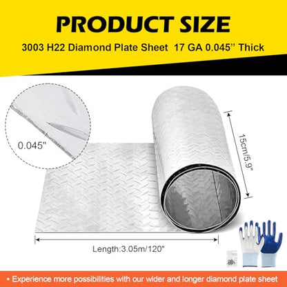 Diamond Plate Aluminum Sheet – 3003 H22, 17GA 0.045" Thick, Heavy-Duty Aluminum Sheet Metal 6" x 120", Rust-Resistant Metal Panel for Kitchen, Bathroom, Walk-in Refrigerators, Trailers & DIY Projects - size: 6" x 120"