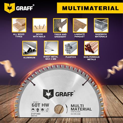 7-1/4" Circular Saw Blade - Chop Saw Blade for Metal, Wood Plywood Aluminum Drywall & Plastic 60T TCT Blade for Circular Table Miter & Cordless Saws 5/8 Inch Arbor No Heat No Sparks Burr Free GRAFF - size: Ø 7 ¼ Inch - 60T Multi, style: Multi Cutting Blad