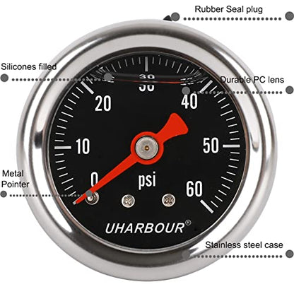 UHARBOUR Glycerin Pressure Gauge 0-60Psi, 1-1/2" Black Dial - size: 0-60PSI, style: Back Mount（black dial）