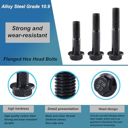 M10 x 90mm 6Pcs Flanged Hex Head Bolts, M10 x 1.5 Bolts, Flange Hexagon Head Screws, 10.9 Grade Alloy Steel, Black Oxide Finish, Metric Machine Threaded, Half Thread - size: M10 x 90mm(6PCS)